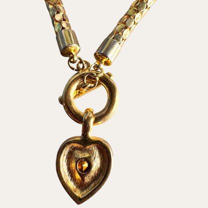 Vintage Givenchy Gold-Tone Mesh Choker Necklace with Foil-Back Crystal Heart Toggle