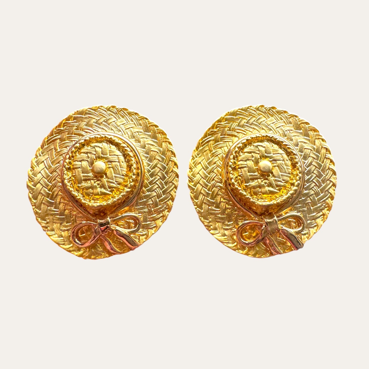 Vintage Gold Tone Woven Straw Hat Clip-On Statement Earrings