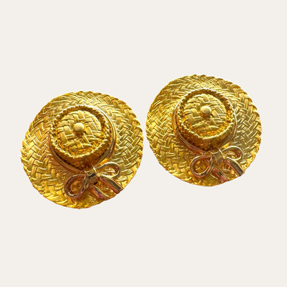 Vintage Gold Tone Woven Straw Hat Clip-On Statement Earrings