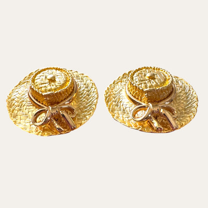 Vintage Gold Tone Woven Straw Hat Clip-On Statement Earrings