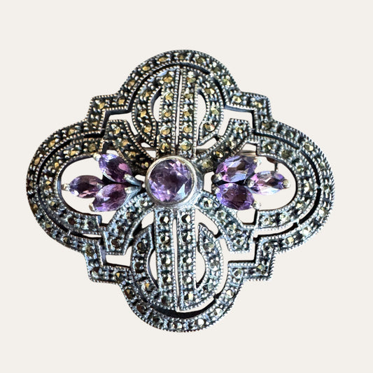Vintage Judith Jack Sterling Silver Marcasite & Amethyst Brooch