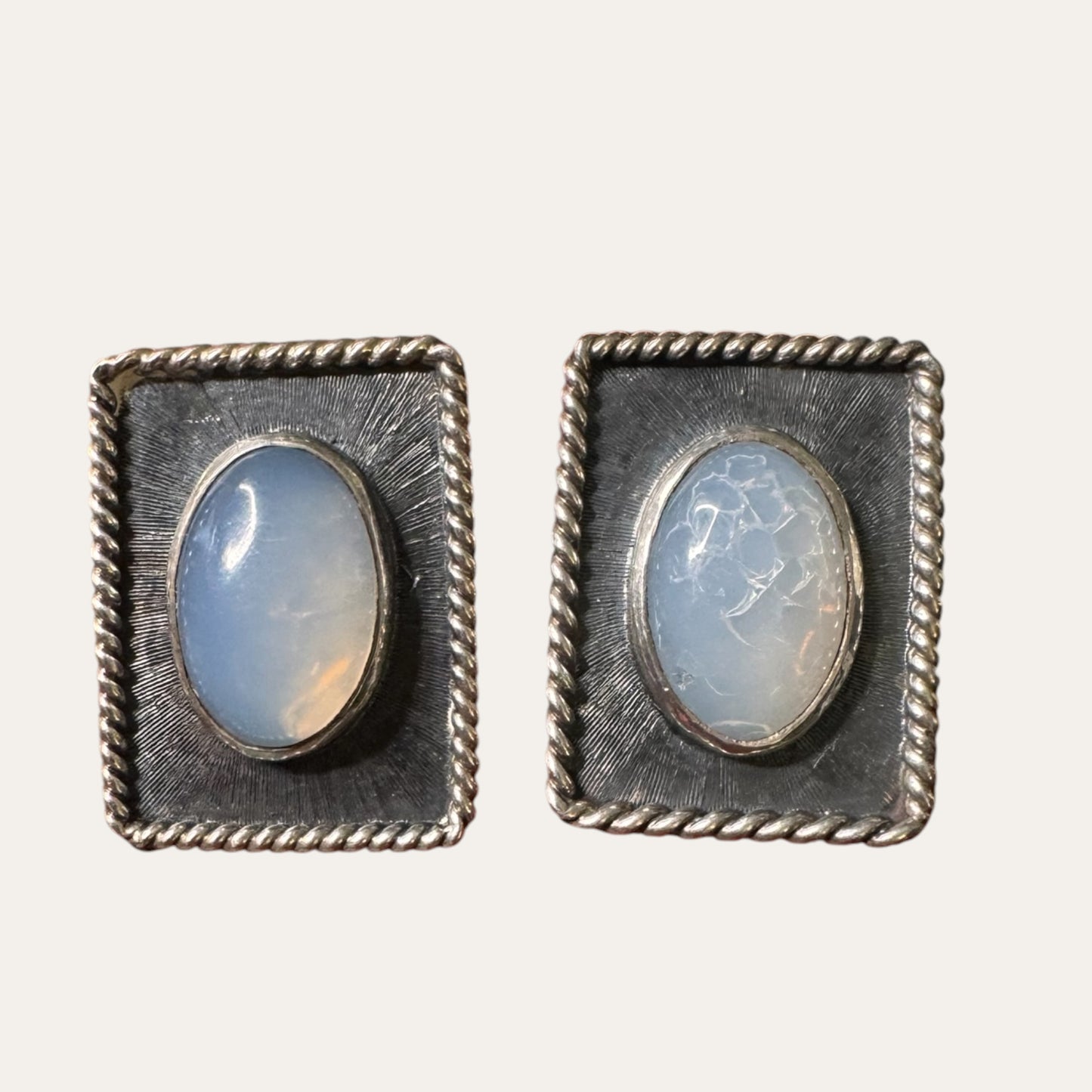 Vintage Sterling Silver Moonstone Cufflinks – Sculptural Rope Border Men’s Jewelry