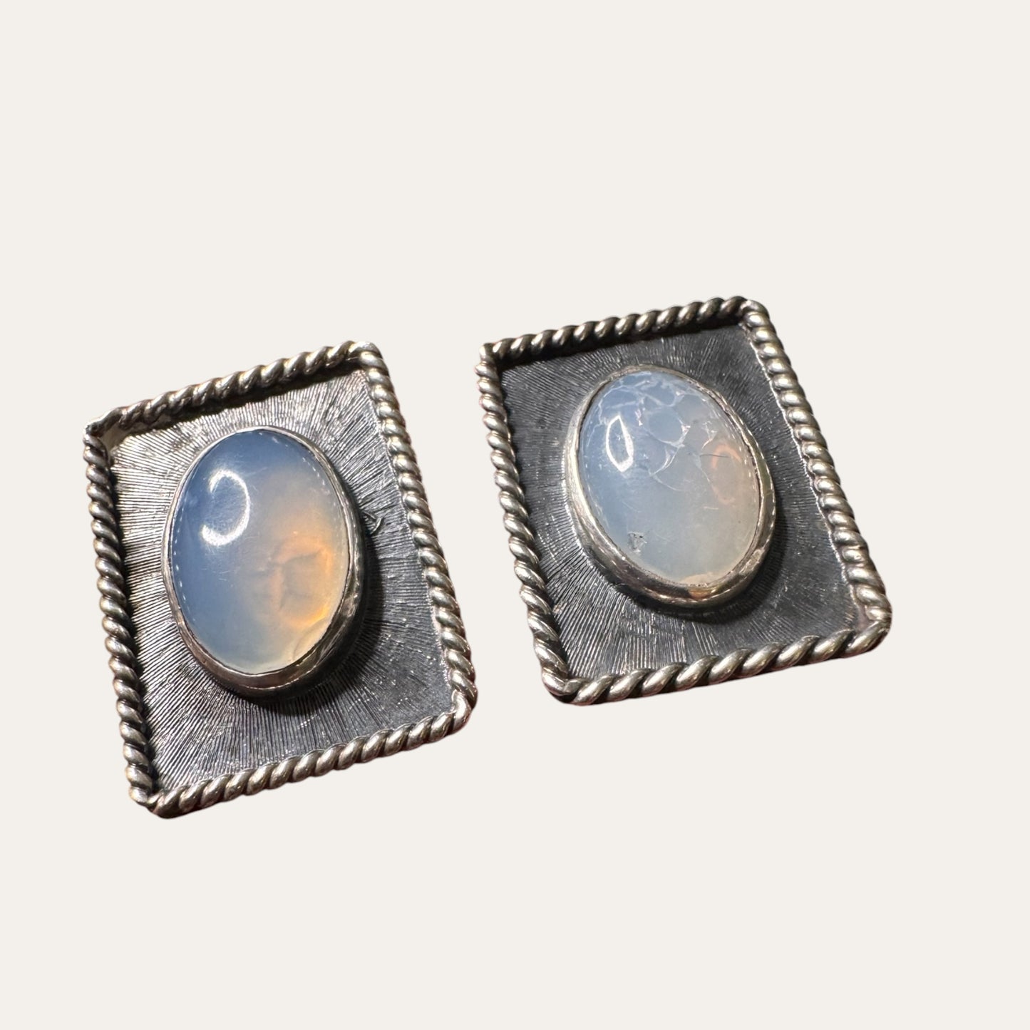 Vintage Sterling Silver Moonstone Cufflinks – Sculptural Rope Border Men’s Jewelry