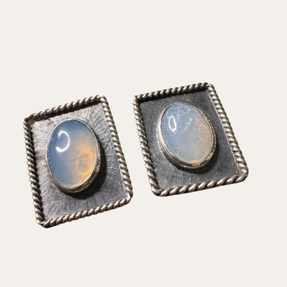 Vintage Sterling Silver Moonstone Cufflinks – Sculptural Rope Border Men’s Jewelry