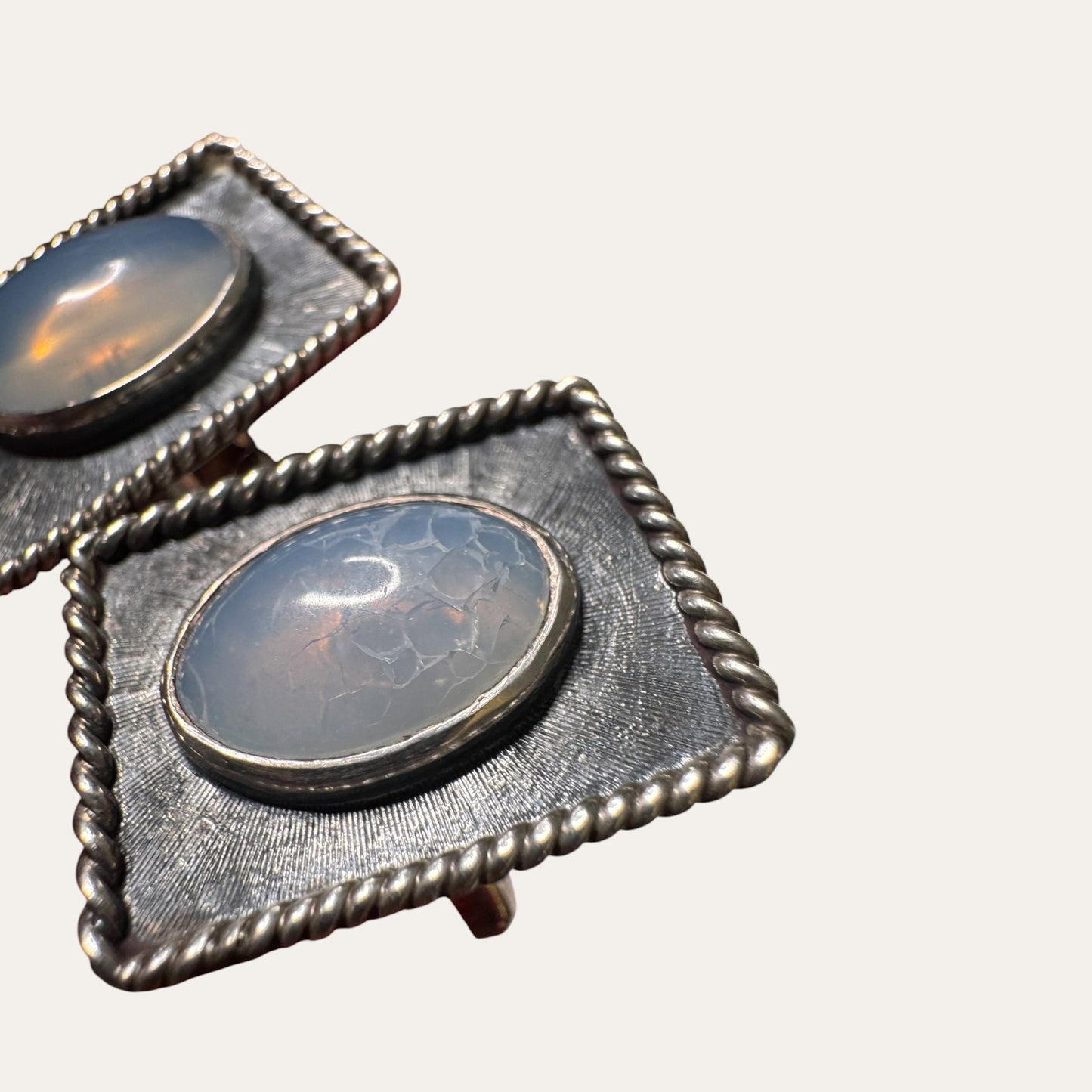 Vintage Sterling Silver Moonstone Cufflinks – Sculptural Rope Border Men’s Jewelry