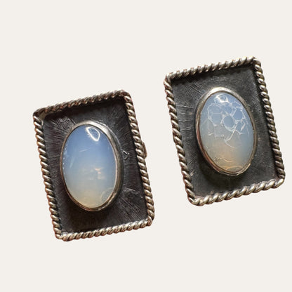 Vintage Sterling Silver Moonstone Cufflinks – Sculptural Rope Border Men’s Jewelry