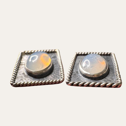 Vintage Sterling Silver Moonstone Cufflinks – Sculptural Rope Border Men’s Jewelry