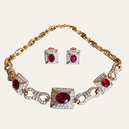 Vintage Ruby Red & Clear Rhinestone Choker Necklace and Clip-On Earring Set