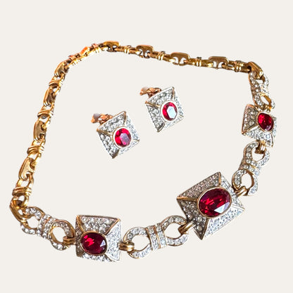 Vintage Ruby Red & Clear Rhinestone Choker Necklace and Clip-On Earring Set