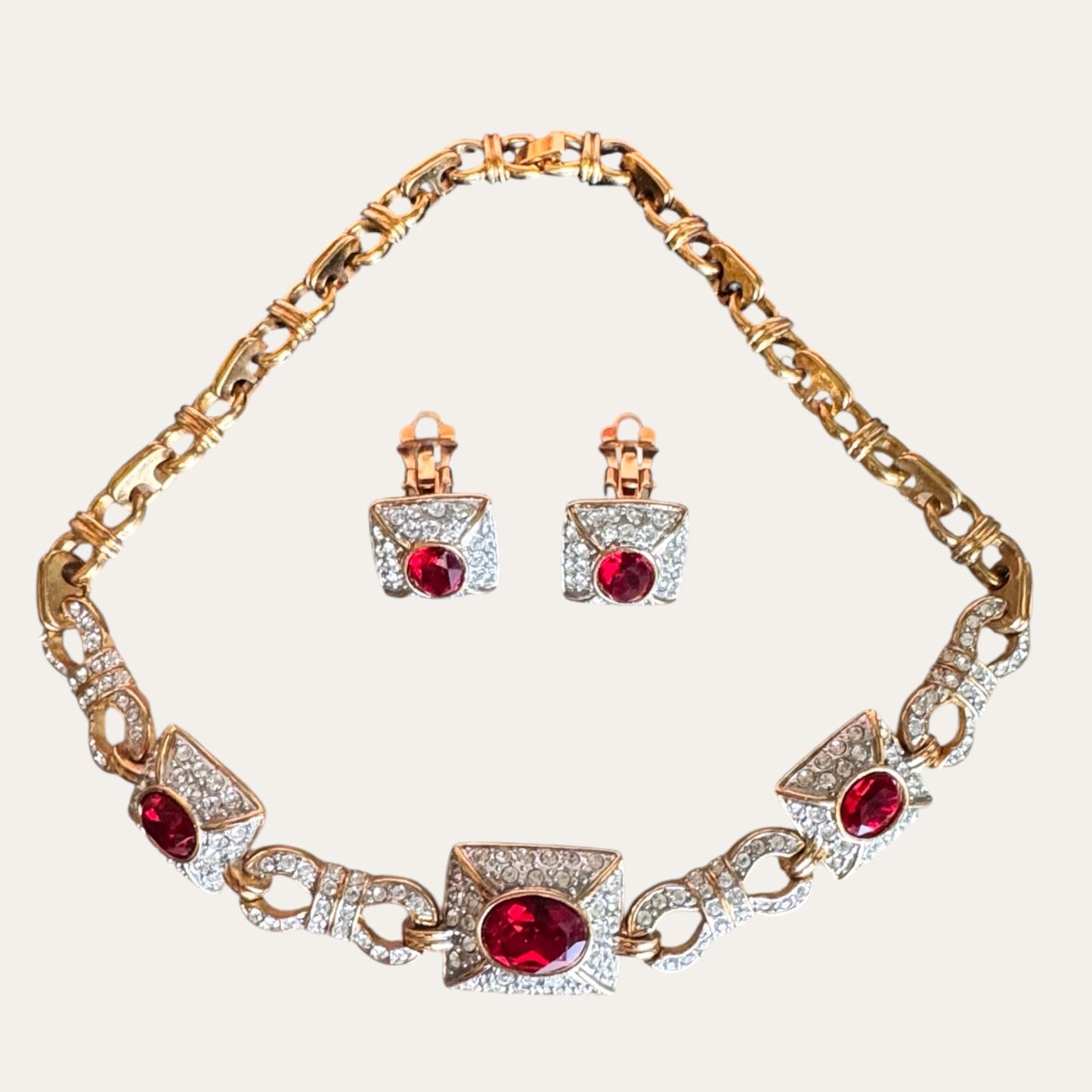 Vintage Ruby Red & Clear Rhinestone Choker Necklace and Clip-On Earring Set