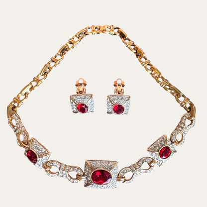 Vintage Ruby Red & Clear Rhinestone Choker Necklace and Clip-On Earring Set