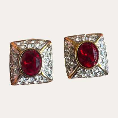 Vintage Ruby Red & Clear Rhinestone Choker Necklace and Clip-On Earring Set