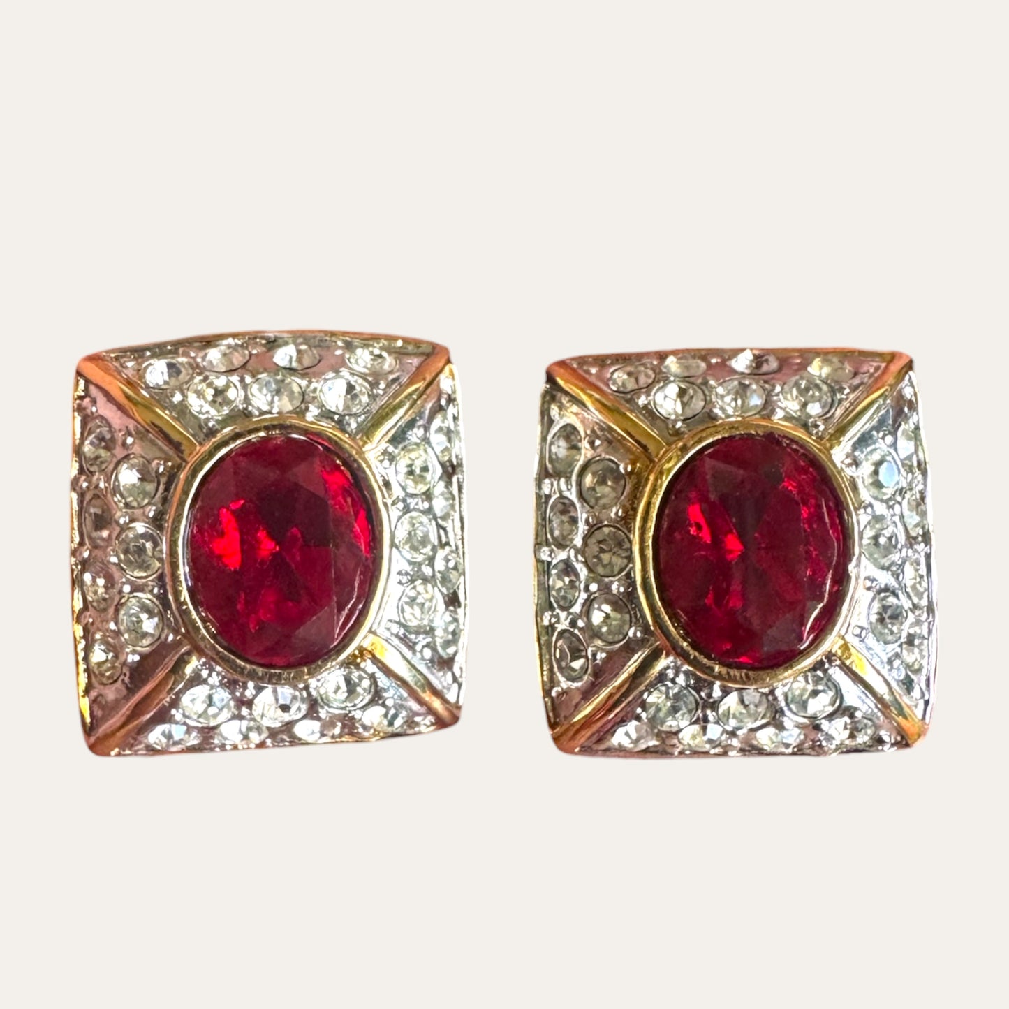 Vintage Ruby Red & Clear Rhinestone Choker Necklace and Clip-On Earring Set