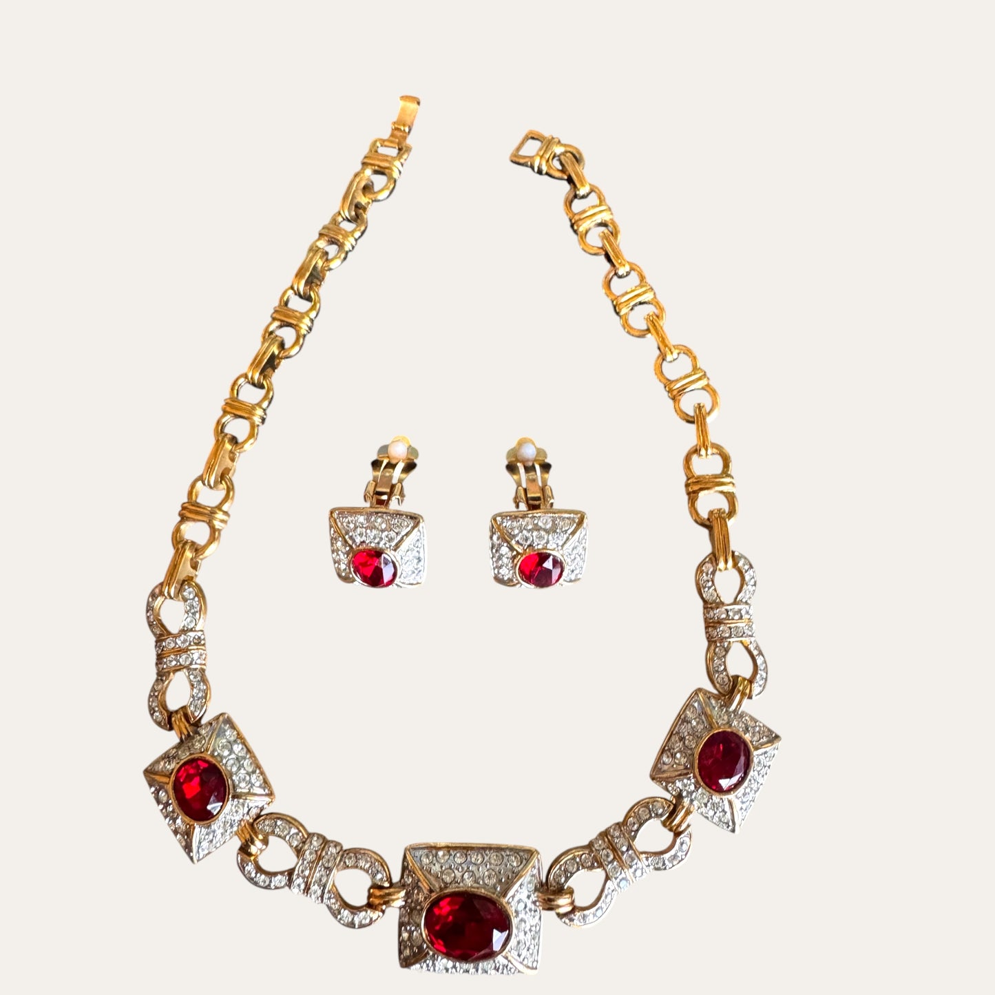 Vintage Ruby Red & Clear Rhinestone Choker Necklace and Clip-On Earring Set