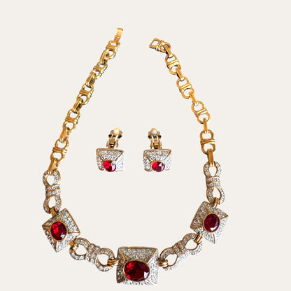 Vintage Ruby Red & Clear Rhinestone Choker Necklace and Clip-On Earring Set