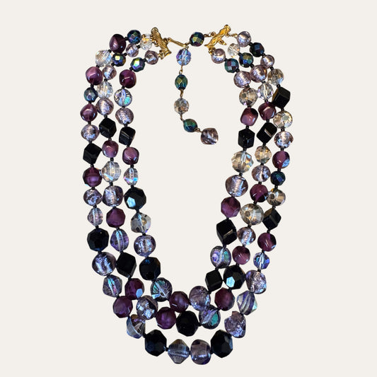 Vintage Hattie Carnegie Multi-Strand Glass Bead Necklace | Purple Black Foiled Glass Statement Necklace