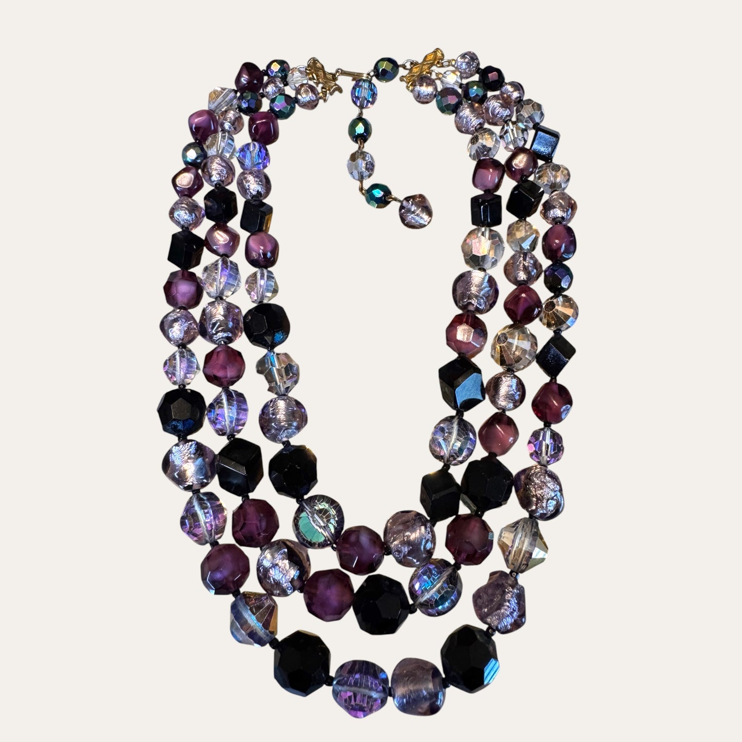 Vintage Hattie Carnegie Multi-Strand Glass Bead Necklace | Purple Black Foiled Glass Statement Necklace