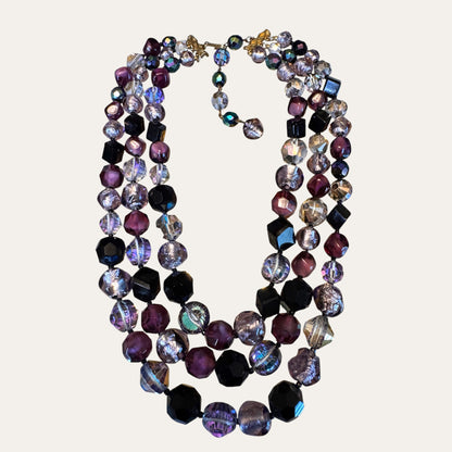 Vintage Hattie Carnegie Multi-Strand Glass Bead Necklace | Purple Black Foiled Glass Statement Necklace