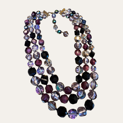 Vintage Hattie Carnegie Multi-Strand Glass Bead Necklace | Purple Black Foiled Glass Statement Necklace
