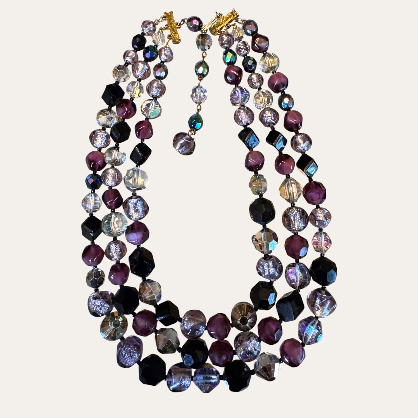 Vintage Hattie Carnegie Multi-Strand Glass Bead Necklace | Purple Black Foiled Glass Statement Necklace
