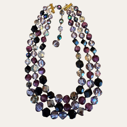 Vintage Hattie Carnegie Multi-Strand Glass Bead Necklace | Purple Black Foiled Glass Statement Necklace