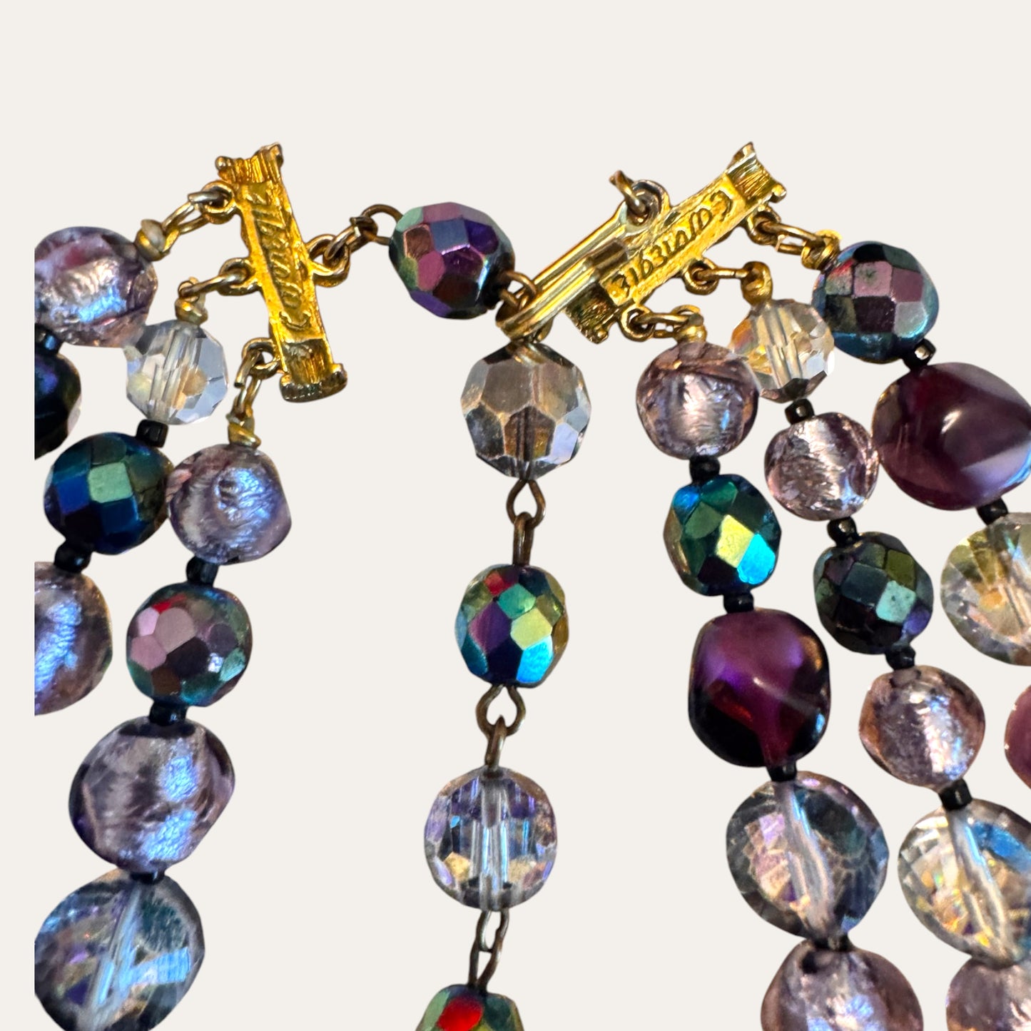 Vintage Hattie Carnegie Multi-Strand Glass Bead Necklace | Purple Black Foiled Glass Statement Necklace