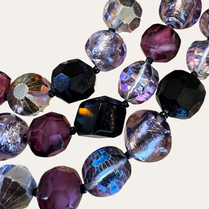 Vintage Hattie Carnegie Multi-Strand Glass Bead Necklace | Purple Black Foiled Glass Statement Necklace