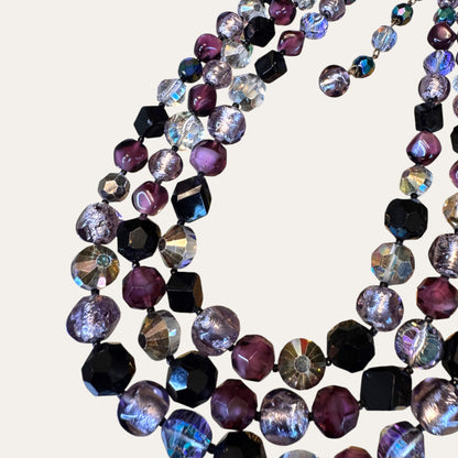 Vintage Hattie Carnegie Multi-Strand Glass Bead Necklace | Purple Black Foiled Glass Statement Necklace