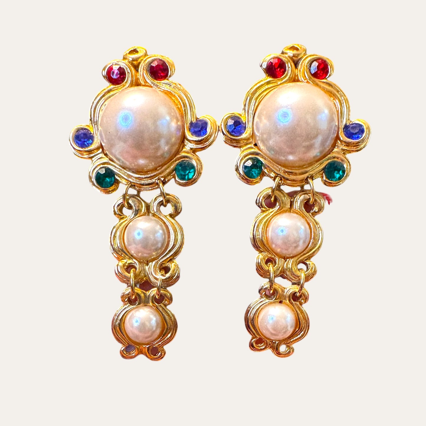 Vintage Etruscan Revival-Inspired Faux Pearl & Glass Rhinestone Articulated Clip-On Earrings