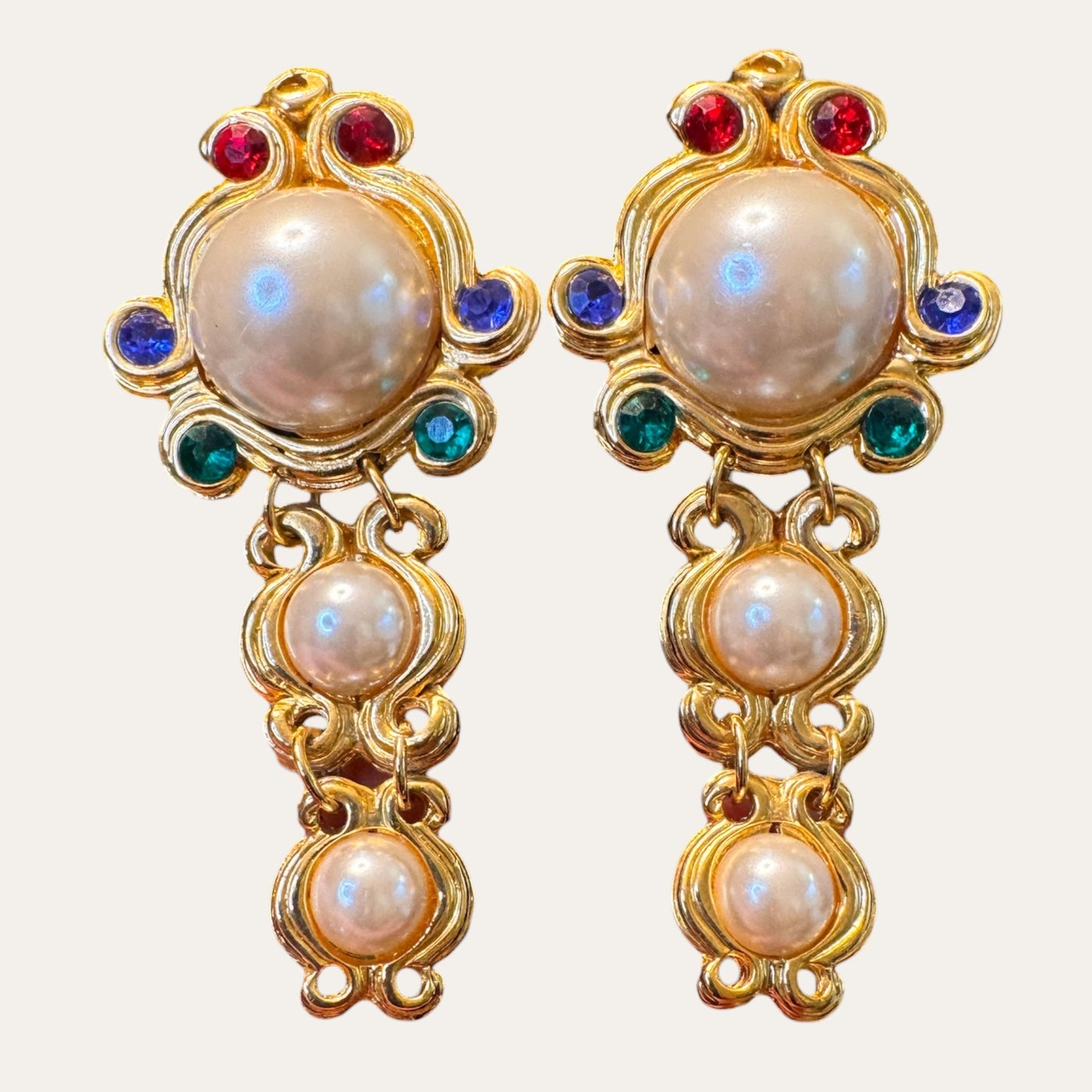 Vintage Etruscan Revival-Inspired Faux Pearl & Glass Rhinestone Articulated Clip-On Earrings