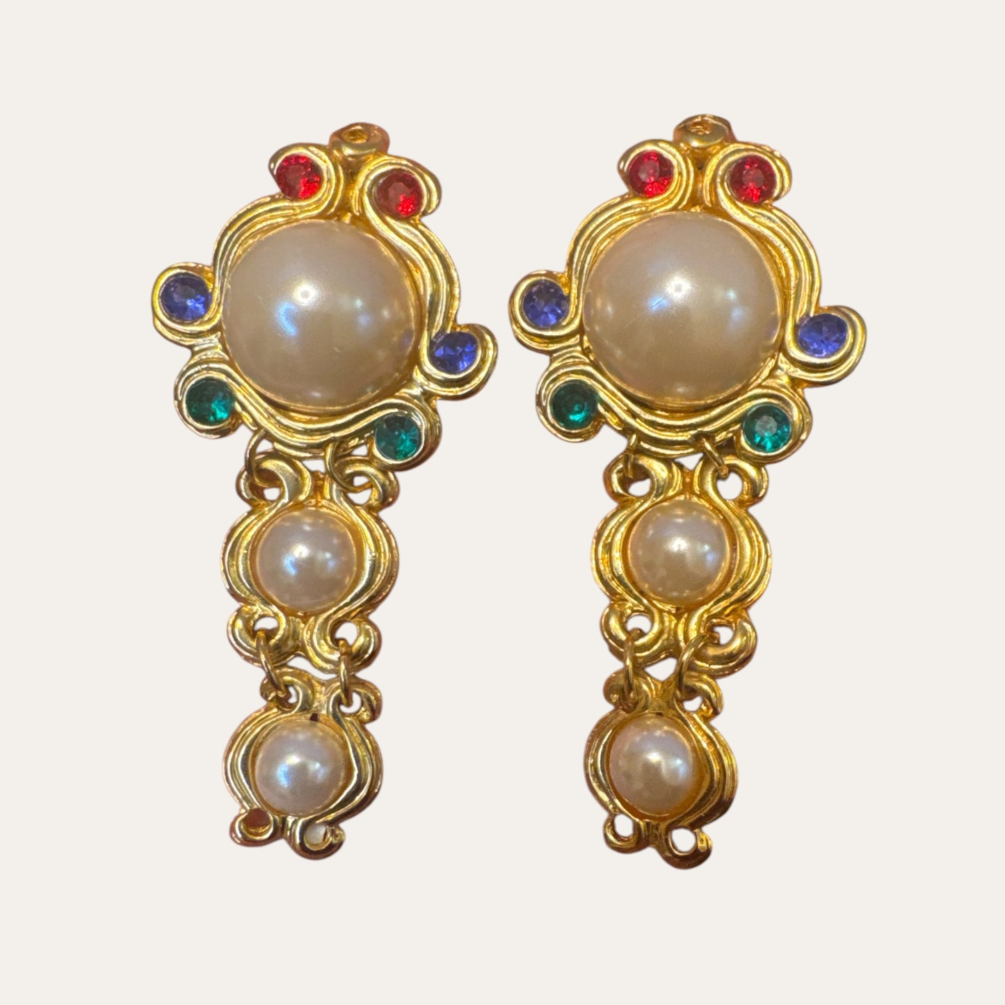 Vintage Etruscan Revival-Inspired Faux Pearl & Glass Rhinestone Articulated Clip-On Earrings