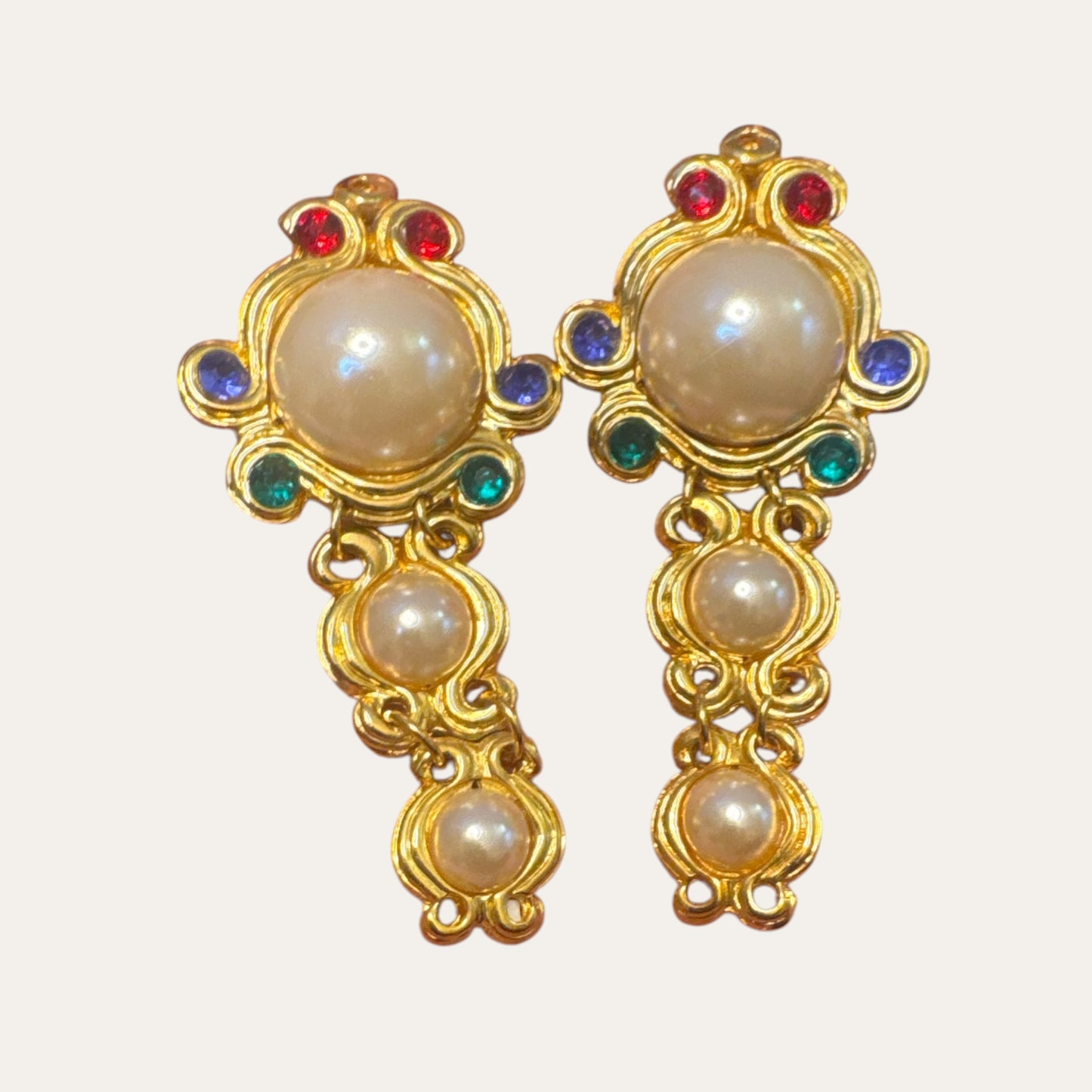 Vintage Etruscan Revival-Inspired Faux Pearl & Glass Rhinestone Articulated Clip-On Earrings