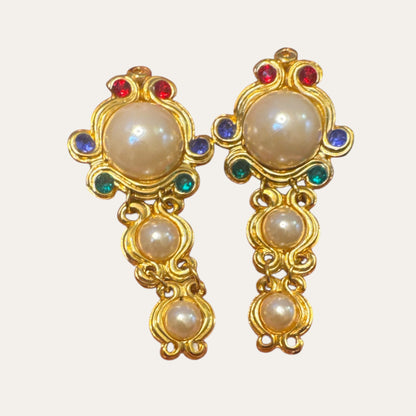 Vintage Etruscan Revival-Inspired Faux Pearl & Glass Rhinestone Articulated Clip-On Earrings