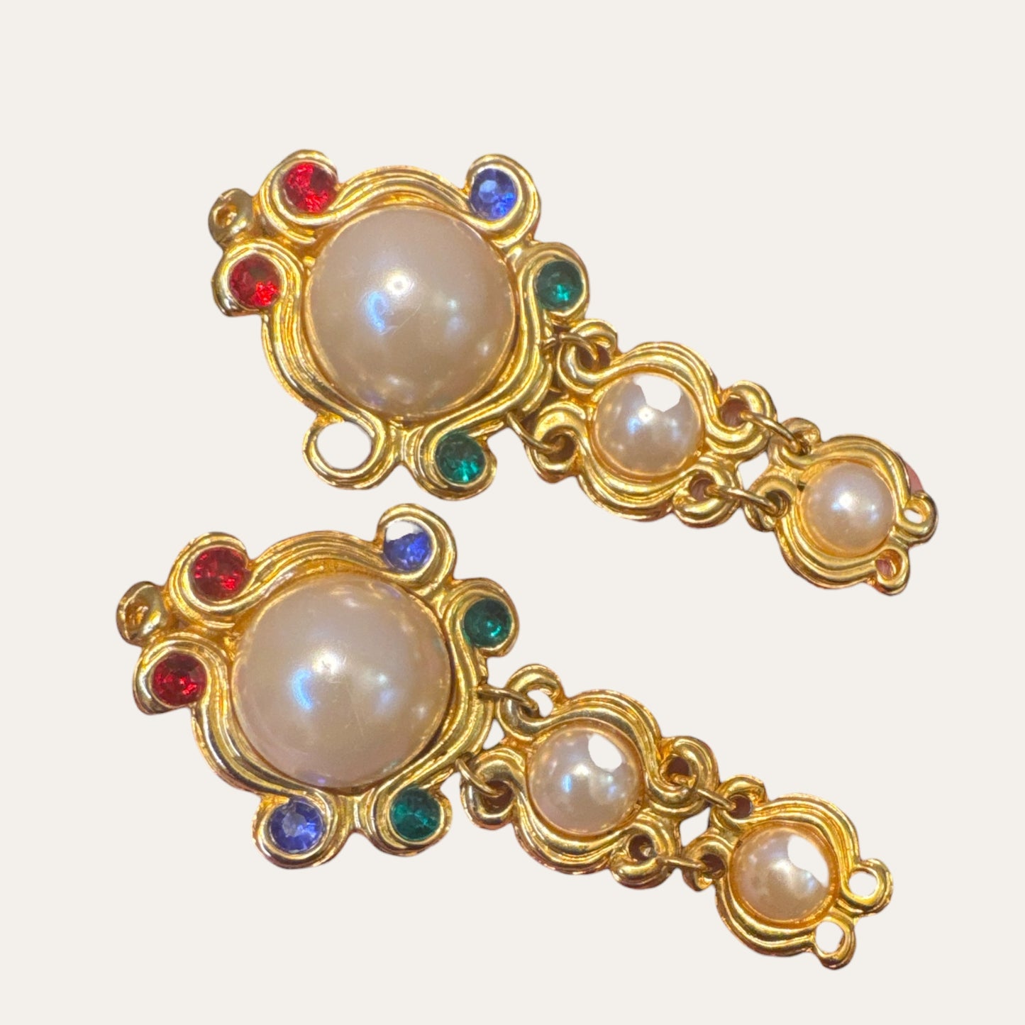 Vintage Etruscan Revival-Inspired Faux Pearl & Glass Rhinestone Articulated Clip-On Earrings