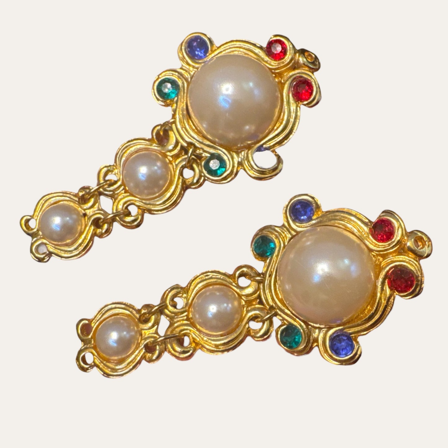Vintage Etruscan Revival-Inspired Faux Pearl & Glass Rhinestone Articulated Clip-On Earrings