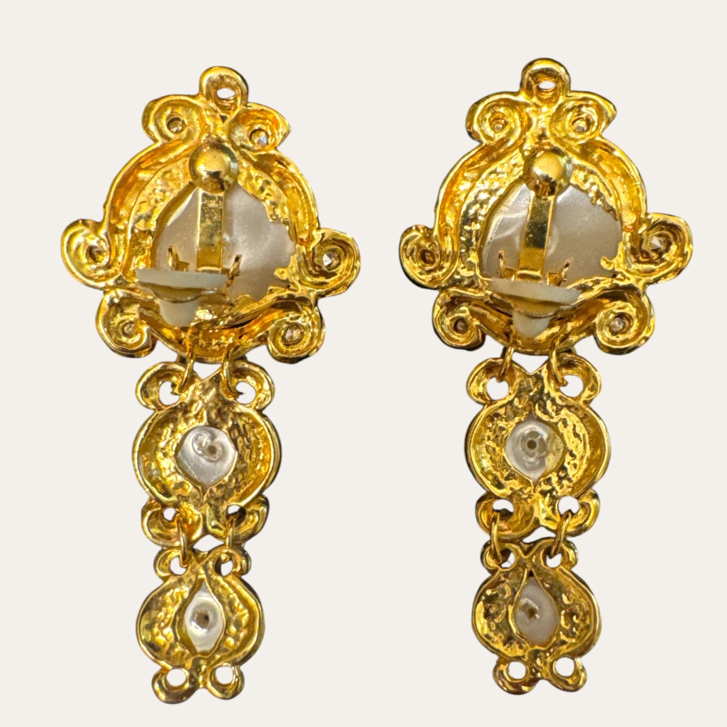 Vintage Etruscan Revival-Inspired Faux Pearl & Glass Rhinestone Articulated Clip-On Earrings