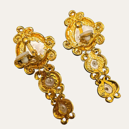 Vintage Etruscan Revival-Inspired Faux Pearl & Glass Rhinestone Articulated Clip-On Earrings