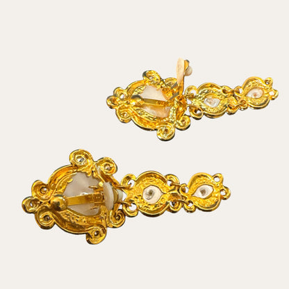 Vintage Etruscan Revival-Inspired Faux Pearl & Glass Rhinestone Articulated Clip-On Earrings