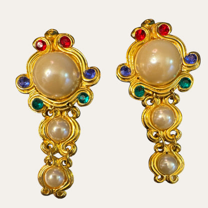 Vintage Etruscan Revival-Inspired Faux Pearl & Glass Rhinestone Articulated Clip-On Earrings