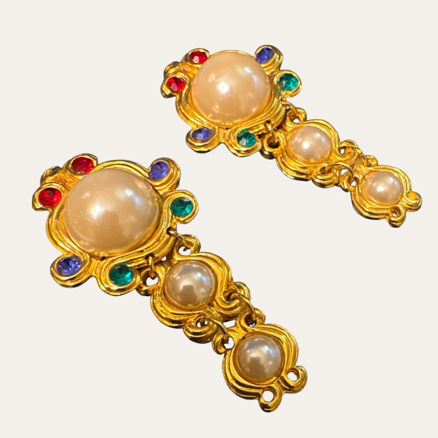 Vintage Etruscan Revival-Inspired Faux Pearl & Glass Rhinestone Articulated Clip-On Earrings
