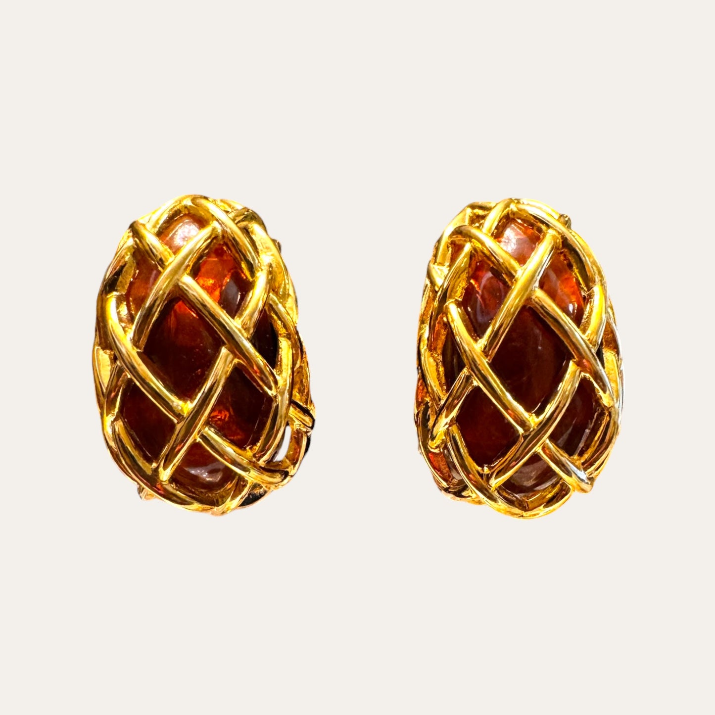 Vintage Kenneth Jay Lane KJL Tortoiseshell Lucite Gold-Tone Woven Cage Clip-On Earrings