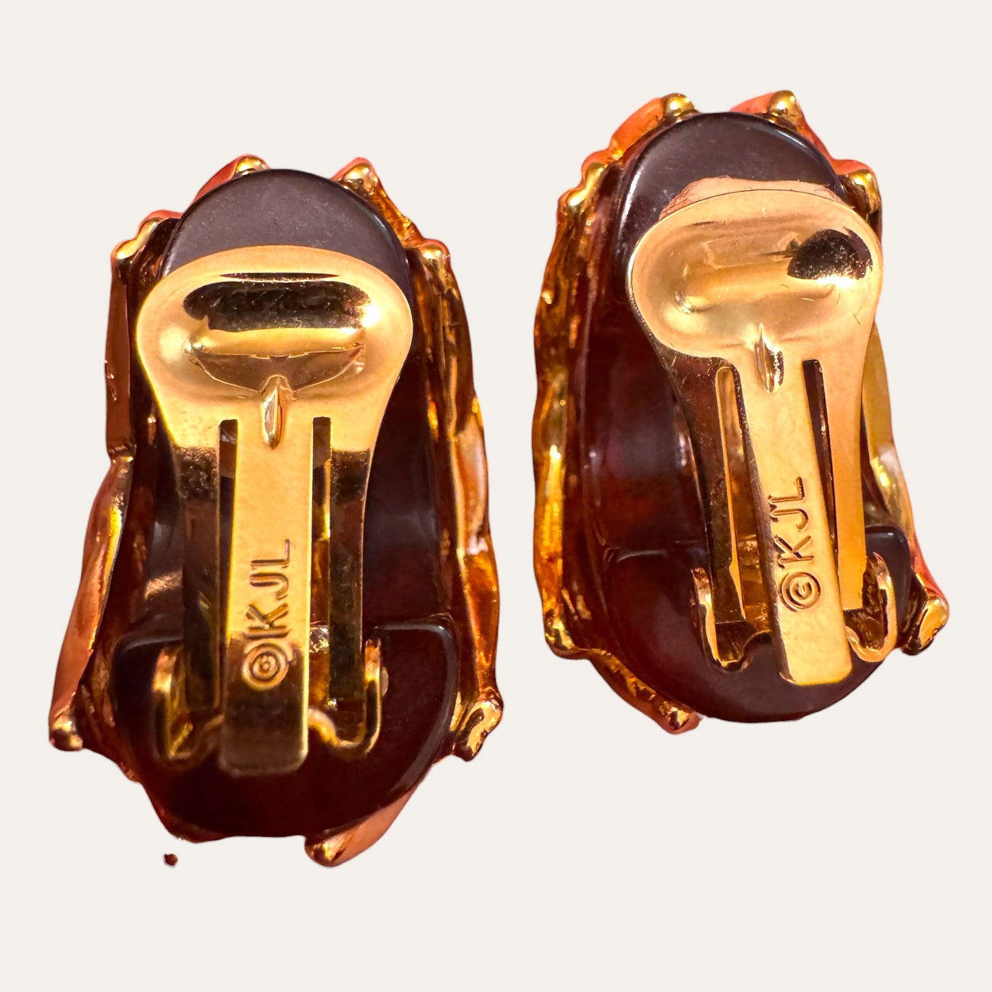 Vintage Kenneth Jay Lane KJL Tortoiseshell Lucite Gold-Tone Woven Cage Clip-On Earrings