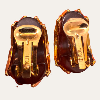 Vintage Kenneth Jay Lane KJL Tortoiseshell Lucite Gold-Tone Woven Cage Clip-On Earrings