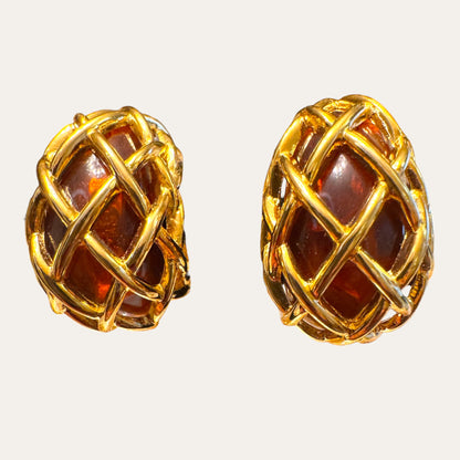 Vintage Kenneth Jay Lane KJL Tortoiseshell Lucite Gold-Tone Woven Cage Clip-On Earrings
