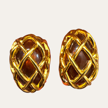Vintage Kenneth Jay Lane KJL Tortoiseshell Lucite Gold-Tone Woven Cage Clip-On Earrings