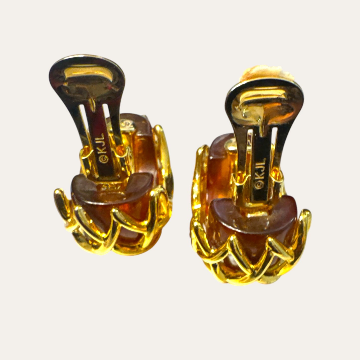 Vintage Kenneth Jay Lane KJL Tortoiseshell Lucite Gold-Tone Woven Cage Clip-On Earrings