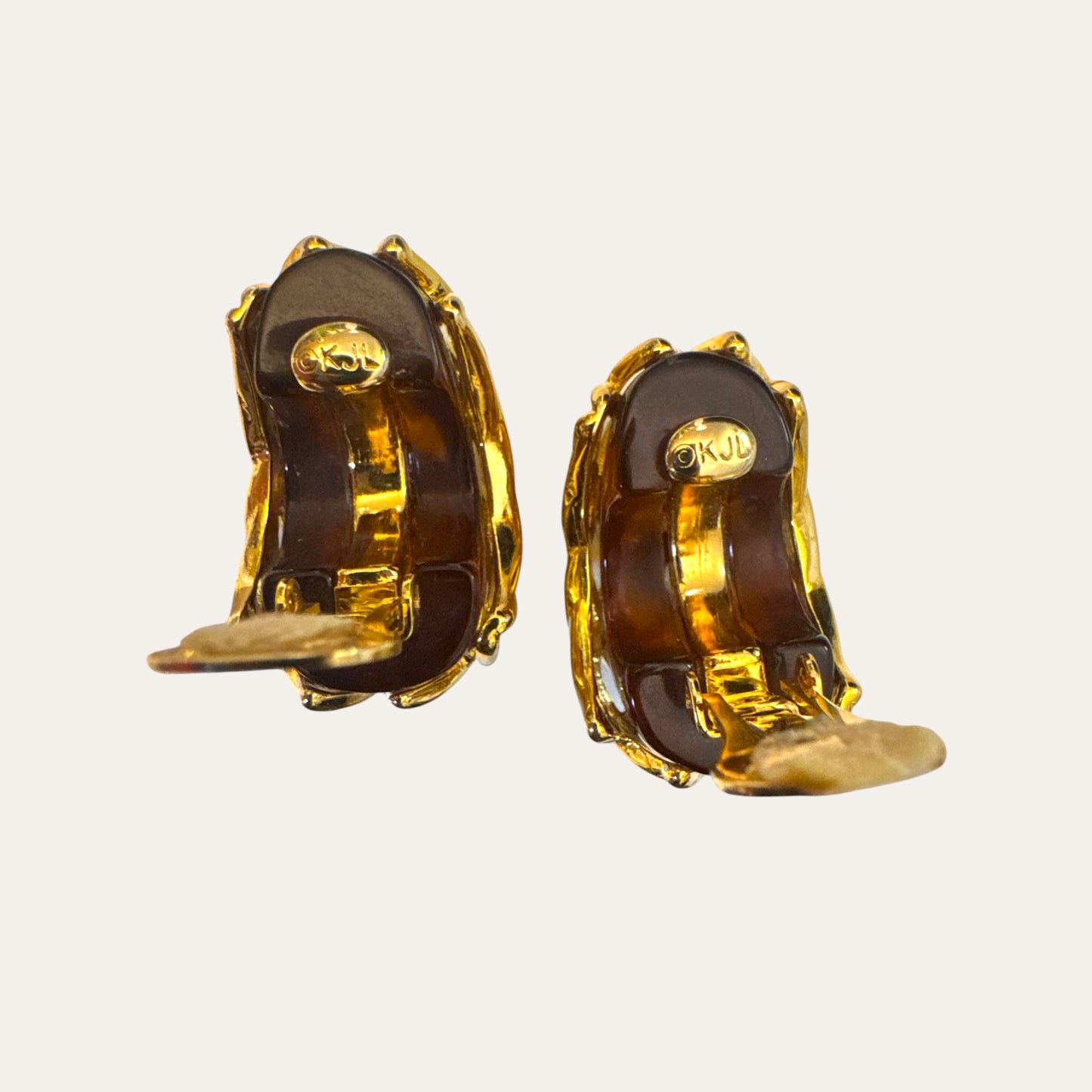 Vintage Kenneth Jay Lane KJL Tortoiseshell Lucite Gold-Tone Woven Cage Clip-On Earrings