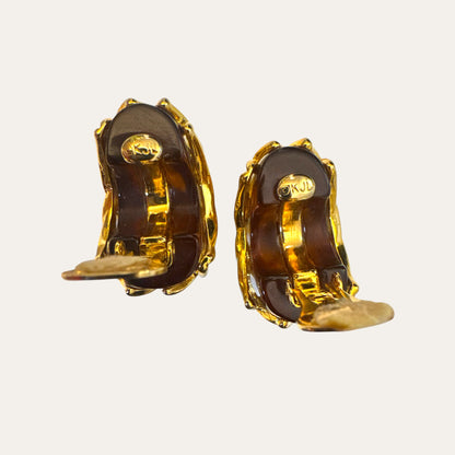 Vintage Kenneth Jay Lane KJL Tortoiseshell Lucite Gold-Tone Woven Cage Clip-On Earrings