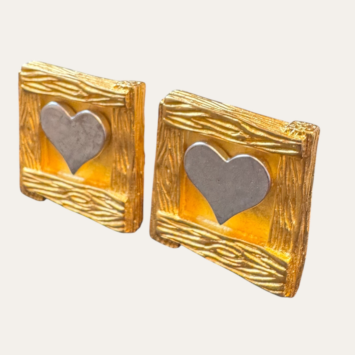 Vintage Karl Lagerfeld Gold & Silver Heart Clip-On Earrings | Circa 1990s