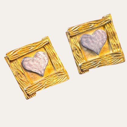 Vintage Karl Lagerfeld Gold & Silver Heart Clip-On Earrings | Circa 1990s